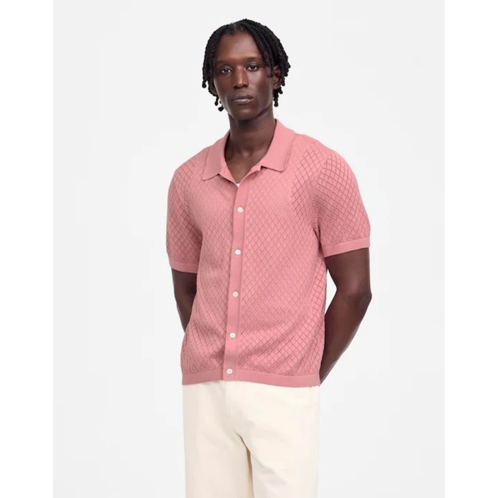 Madewell Preppy Diamond Pointelle Stitch Knit Sweater Polo Pink L NV100 Textured